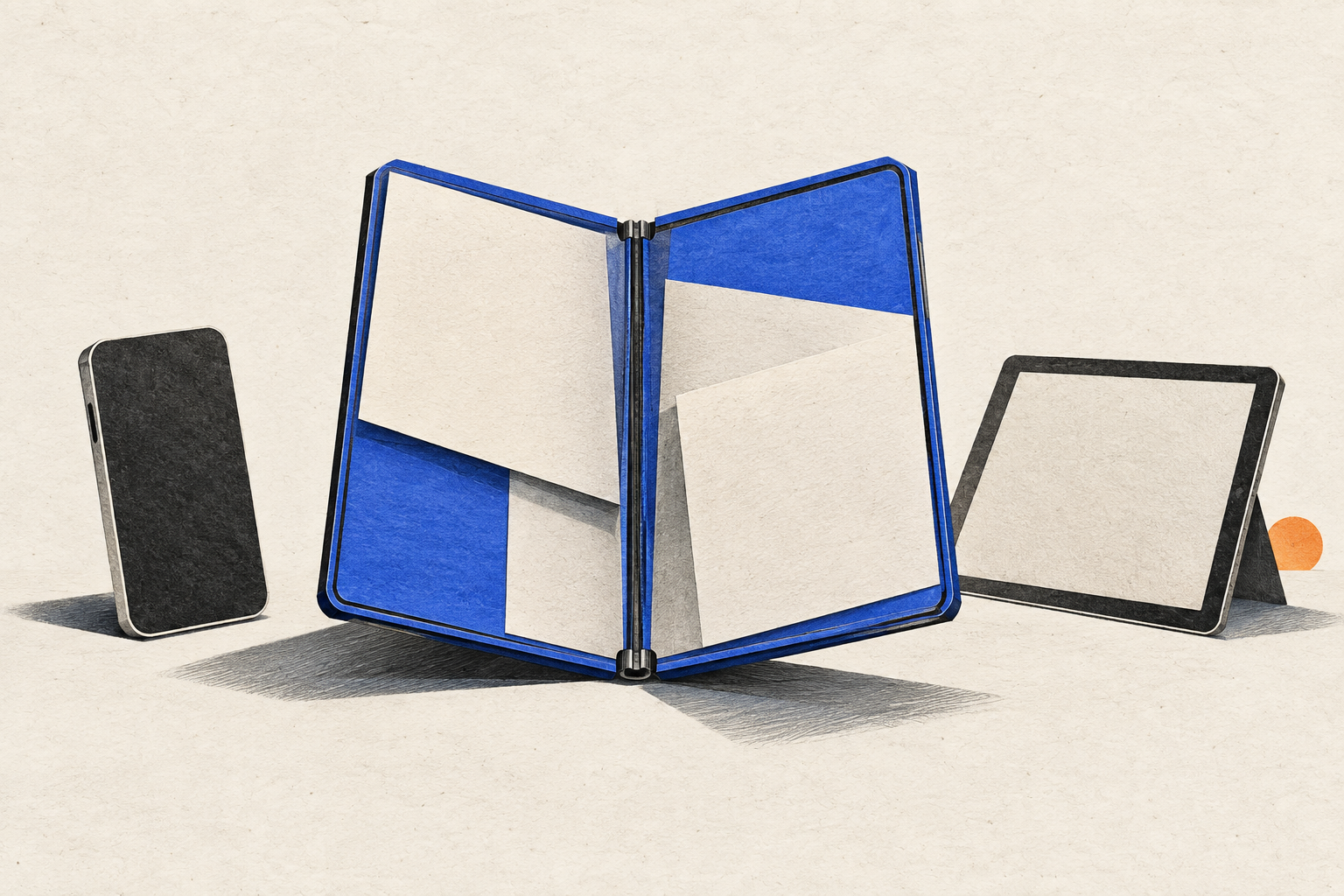Conceptual editorial illustration of a folding screen opening between a compact phone and a tablet on a newsprint background; not a product photograph
